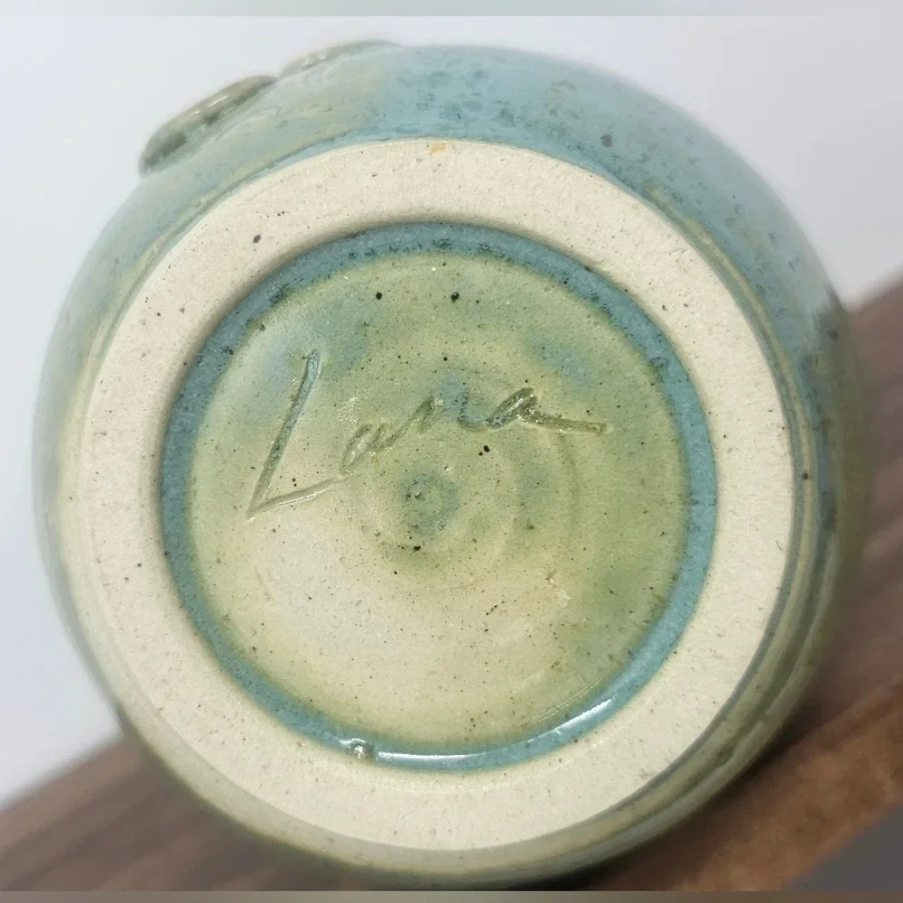 Handmade Pottery Vase Signed By Lana? Green Blue Textured Floral Detailed 6x3
